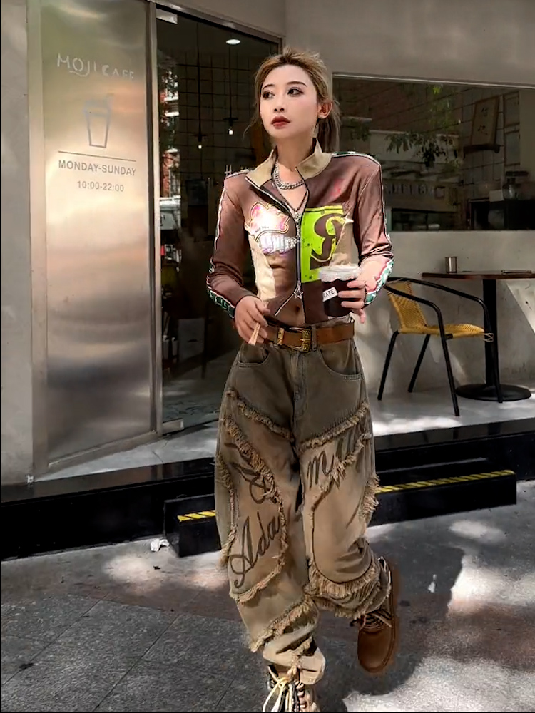 高腰做旧水洗牛仔裤阔腿哈伦裤