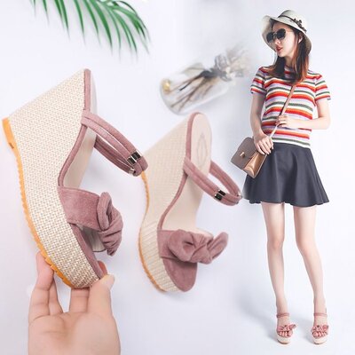 网红夏季清新亚麻高跟鞋蝴蝶时尚松糕厚底坡跟凉拖鞋防水台女凉鞋
