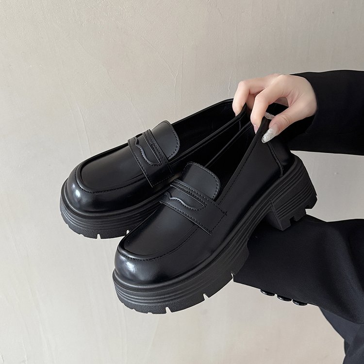 黑色厚底乐福鞋女2025新款松糕底内增高英伦小皮鞋一脚蹬显高单鞋