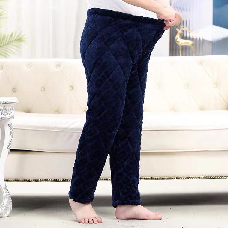 冬季爸爸带门襟睡裤男法兰绒夹棉裤子老年人爷爷加绒加厚居家长裤
