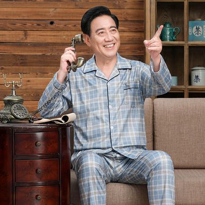 爸爸春秋装睡衣裤男中老年开衫开裆口爷爷纯棉长袖家居服加肥大码