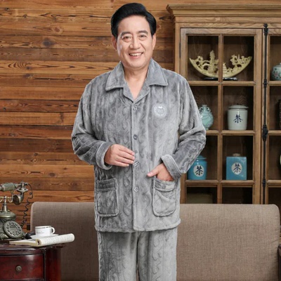 爸爸保暖长袖睡衣男宽松大码200斤中老年珊瑚绒家居服爷爷秋冬装