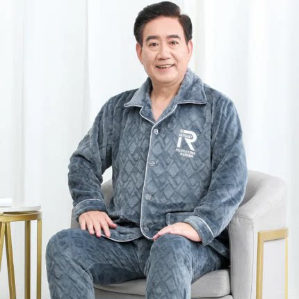 秋冬季爷爷保暖睡衣睡裤套装爸爸加厚男装衣服老人珊瑚绒长袖开衫
