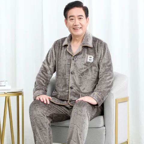 607080岁爷爷加绒加厚睡衣男冬季老人珊瑚绒长袖长裤爸爸翻领外套