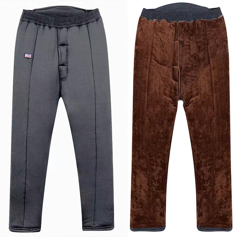 7080岁爷爷冬天三层加厚驼绒睡裤男开裆口老年人爸爸居家棉裤高腰