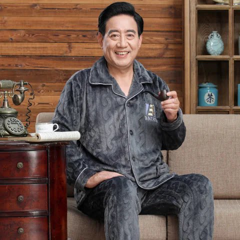 中老年法兰绒开衫长袖睡衣男冬季