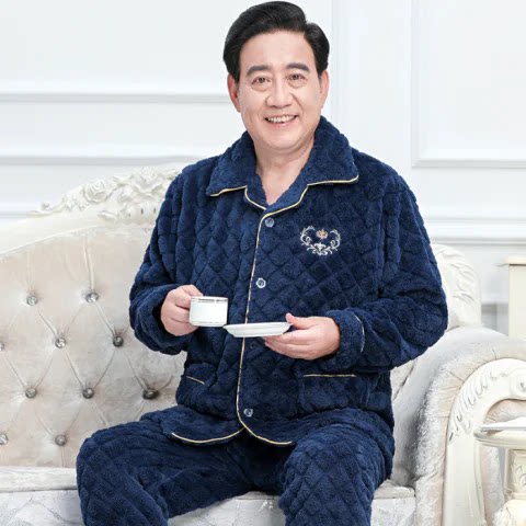 秋冬季爸爸加厚保暖睡衣男特大码200斤爷爷法兰绒男装中老年外套