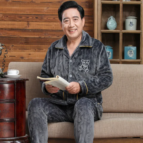 中老年珊瑚绒开衫长袖睡衣男外穿