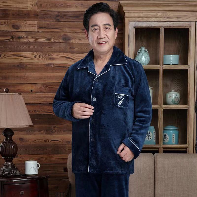 秋冬季爷爷加厚保暖珊瑚绒睡衣男
