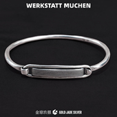 WERKSTATT条纹扣925银做旧手镯男女简约百搭实心金属锤纹复古手环