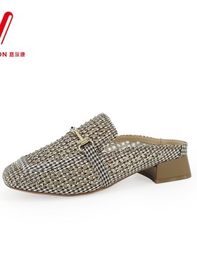 意尔康女拖鞋2024新款夏季商场同款时尚粗跟包头半拖穆勒鞋03056