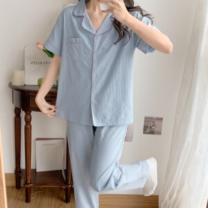 睡衣女秋季ins条纹纯棉麻短袖长裤学生可外穿薄款简约休闲家居服