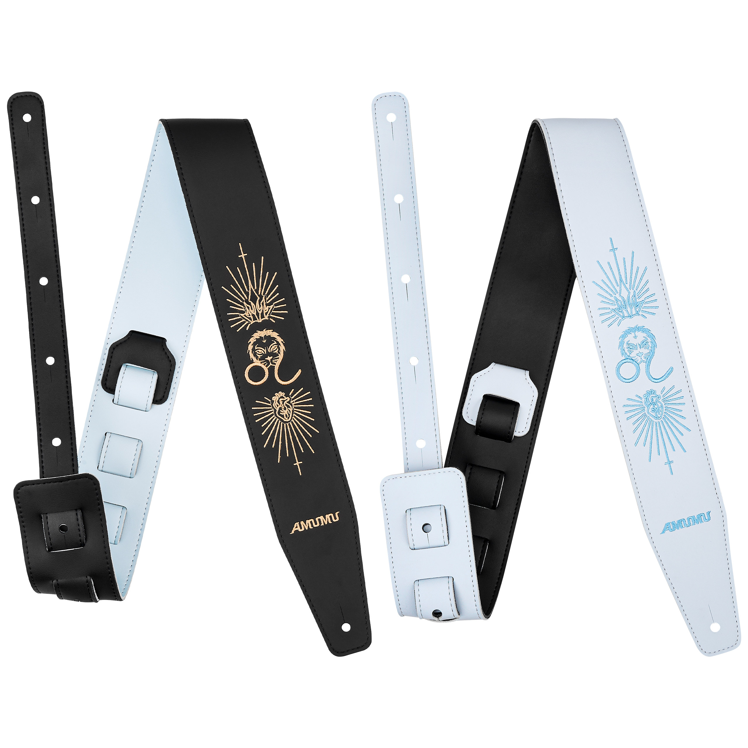 AMUMU星座款皮吉他背带木/电吉他贝斯通用加宽加厚双面皮革刺绣