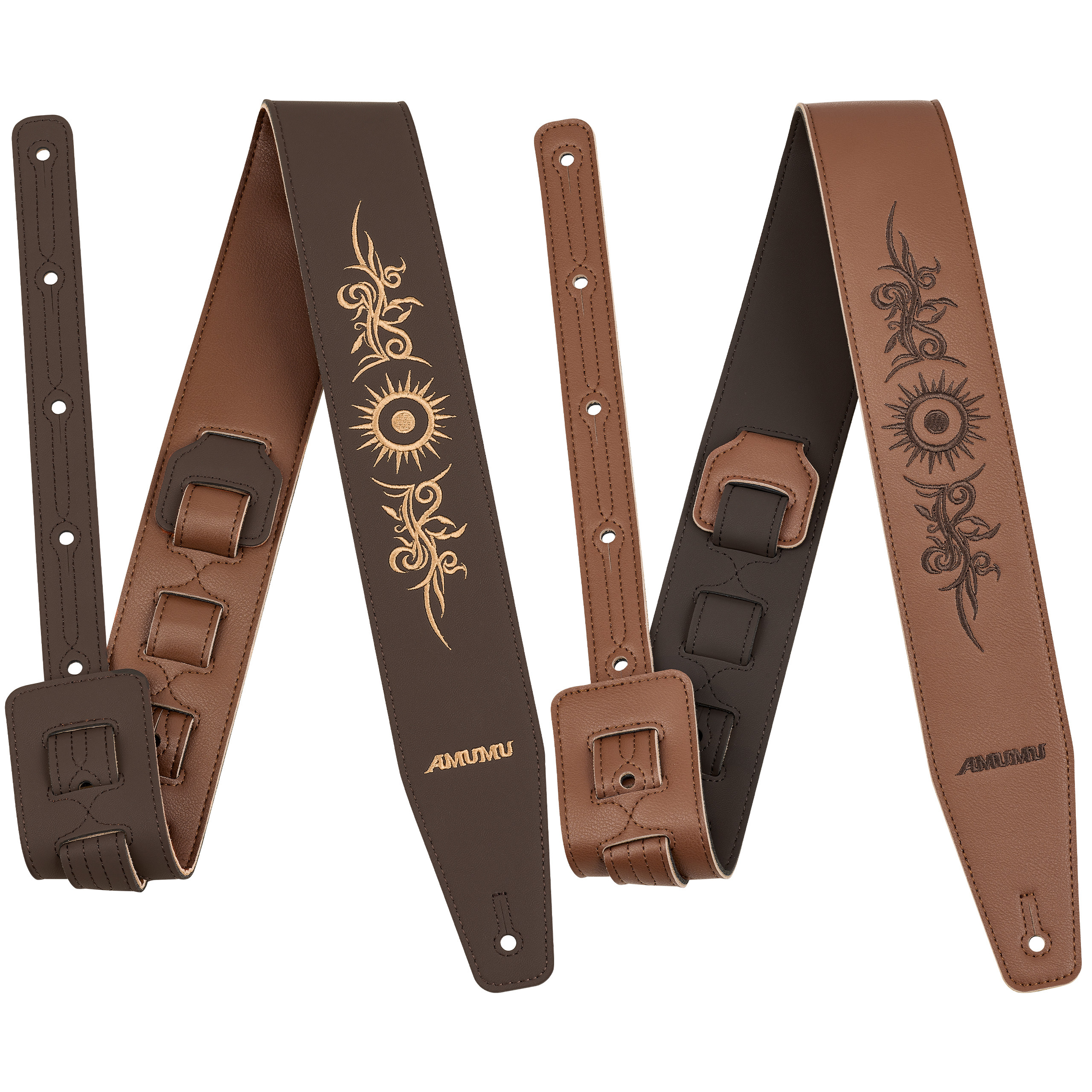 AMUMU皮吉他背带木电吉他贝斯通用肩带加宽加厚双面刺绣藤蔓太阳