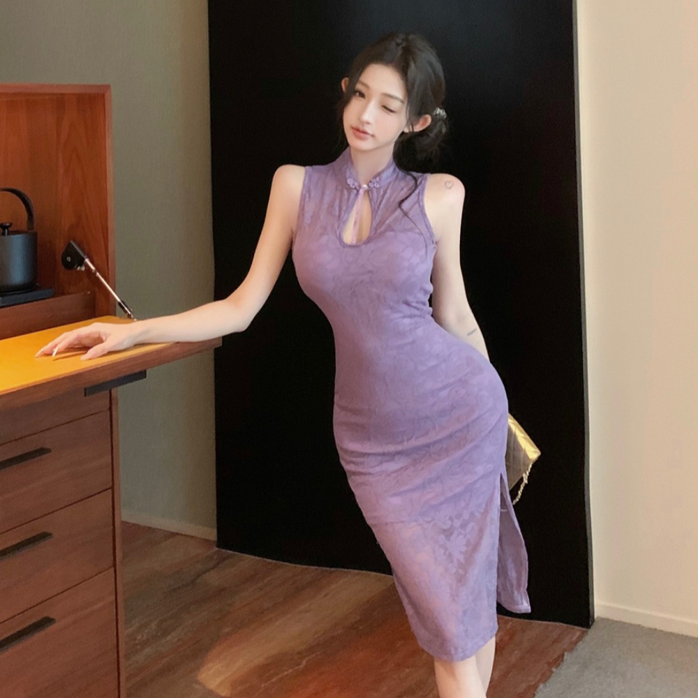 夏紫色改良旗袍性感纯欲开叉镂空无袖新中式连衣裙直播衣服女主播