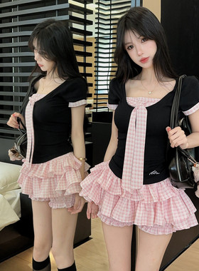 韩系学院风制服套装辣妹纯欲蝴蝶结T恤上衣粉色蓬蓬蛋糕裙两件套