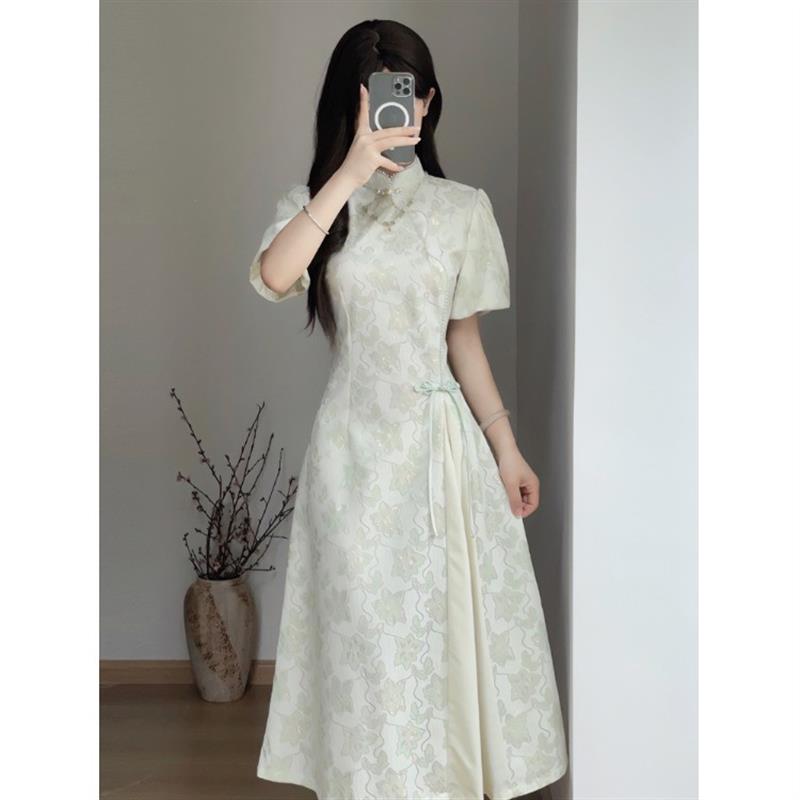 绿色小清新旗袍年轻款高端气质茶服奥黛2025春夏新款小个子连衣裙