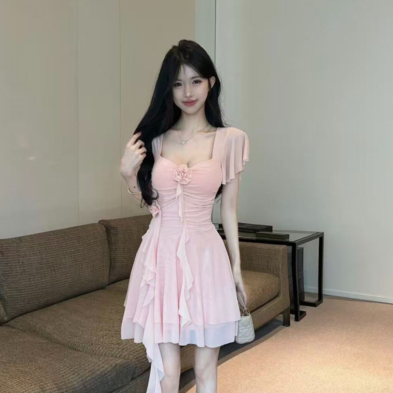 法式纯欲粉色网纱雪纺吊带连衣裙女生日小礼服公主裙蛋糕裙抹胸裙