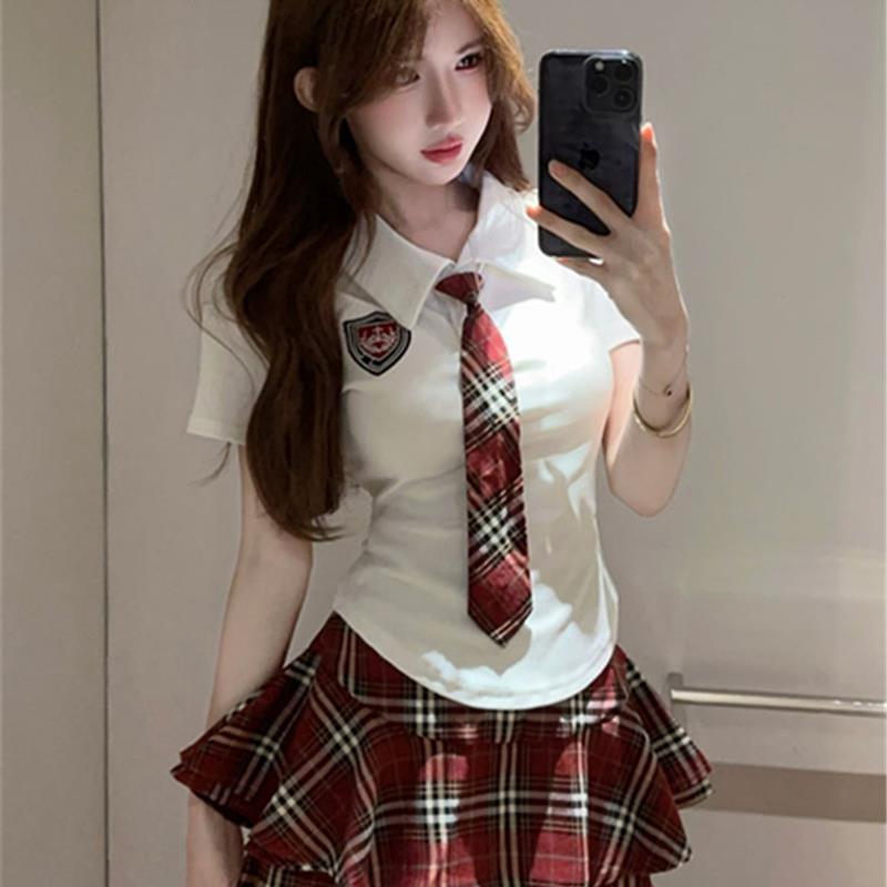 夏季学院风jk制服套装女甜辣妹短袖上衣女显瘦高腰半身裙两件套女