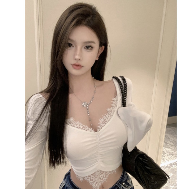 网红主播衣服气质显胸大纯欲V领蕾丝打底衫短款内搭辣妹长袖T恤秋