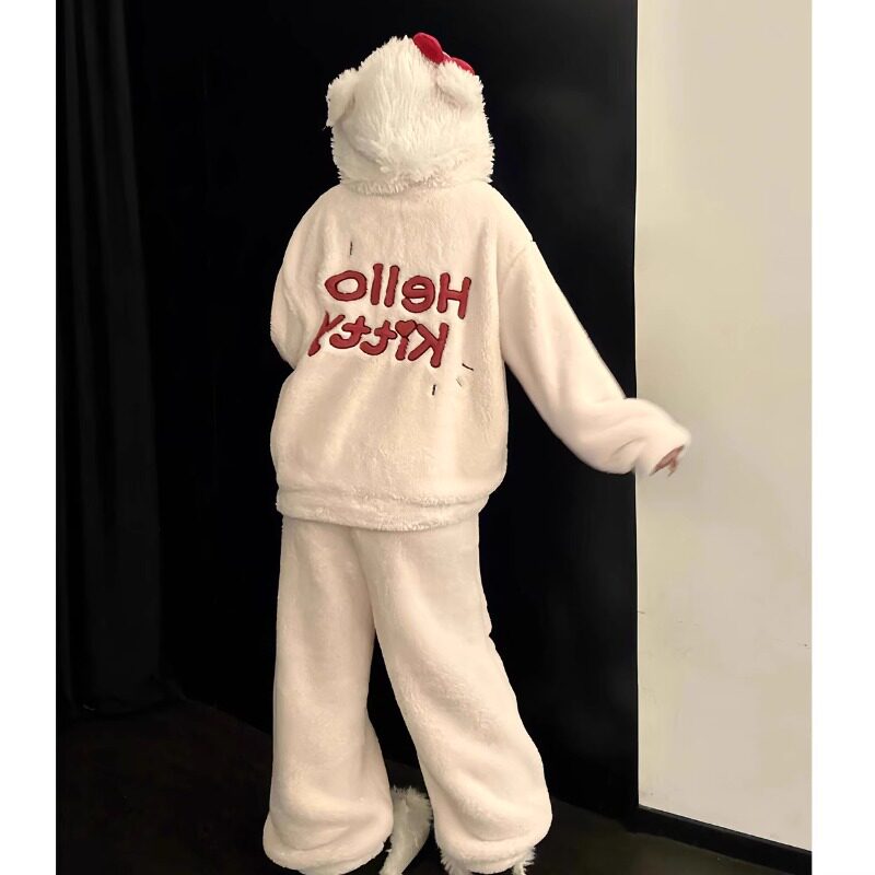 韩版甜美可爱Kitty猫睡衣女秋冬季加绒加厚保暖连帽家居服套装