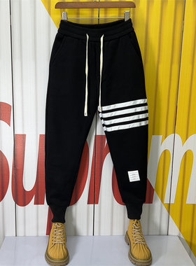 2023秋冬加绒休闲卫裤男潮流百搭宽松束脚裤网红四条杠小脚运动裤