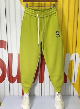 2024春夏新款束脚运动休闲裤男士快手同款裤子哈伦裤刺绣九分卫裤