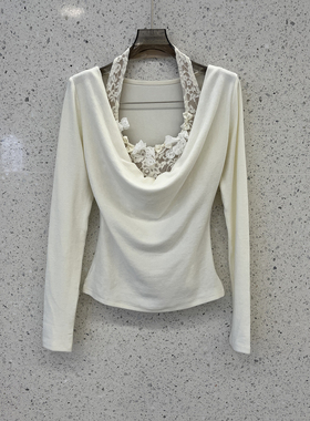 南油买手店纯欲辣妹蕾丝花边背心荡领修身磨毛长袖T恤两件套上衣