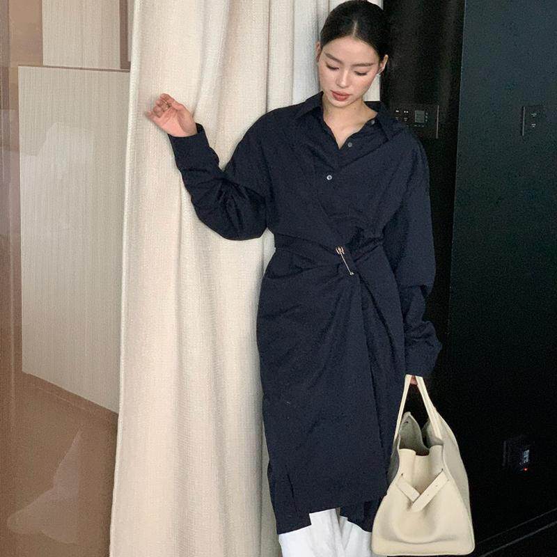 清冷气质多种穿法深藏蓝别针褶皱收腰衬衫裙长款风衣裙女设计感