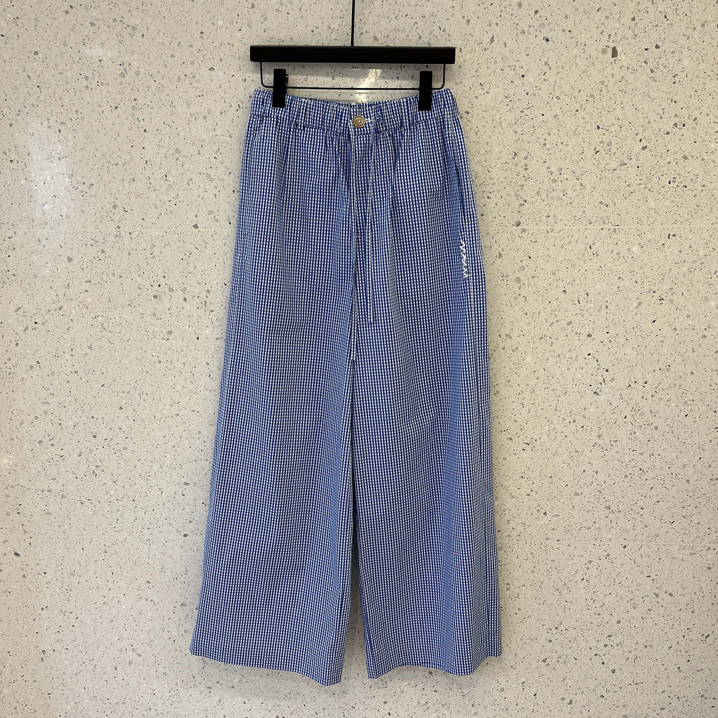 南油买手店时髦抽绳松紧腰宽松百搭格子直筒休闲裤女字母刺绣长裤