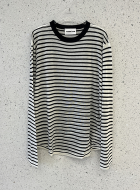 南油精品买手店Dann条纹撞色圆领亚麻混纺长袖T恤女宽松休闲上衣