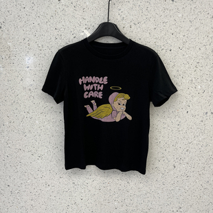 南油小众卡通天使字母做旧脏色印花短袖 T恤黑色圆领宽松减龄上衣