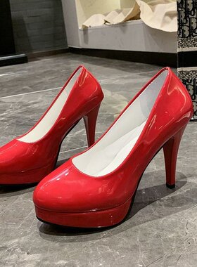 cosplay高跟鞋女学生细跟防水台10cm漆皮粗跟浅口大码百搭单鞋ol8