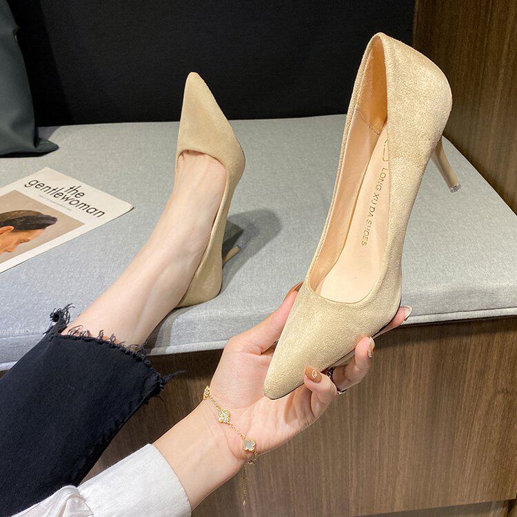法式高跟鞋女2022春秋少女细跟杏色礼仪工作中跟5cm8尖头单职场ol