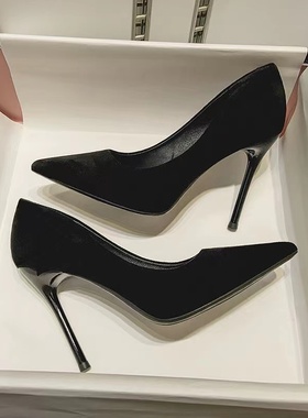 细跟高跟鞋女黑色10cm学生礼仪中跟5公分尖头少女工作职业百搭单8