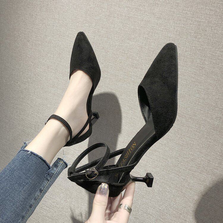 五公分高跟鞋女性细跟低跟3cm一字扣铆钉优雅工作职业单鞋中空ol7