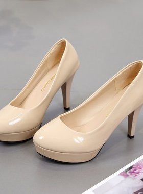 裸色高跟鞋女细跟中跟黑色漫展COS单鞋JK防水台圆头漆皮粗跟10cm8