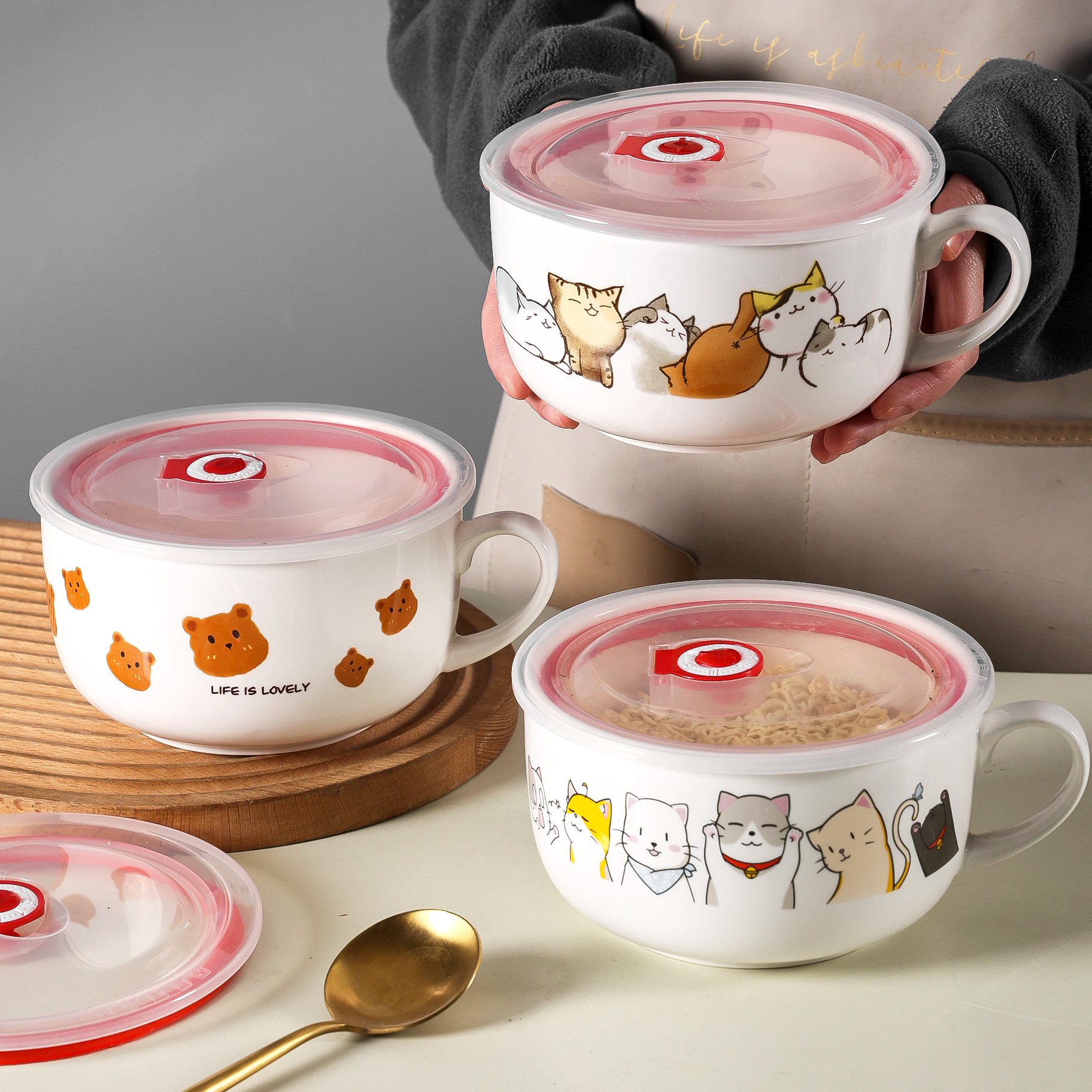 陶瓷泡面碗带盖汤面碗上班族学生吃饭盒微波炉专用便当盒泡面神器