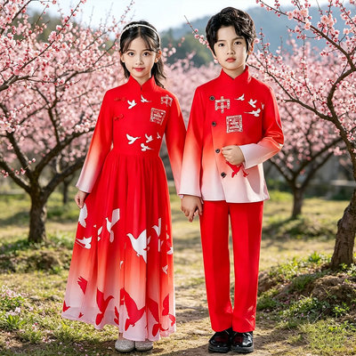 铁血忠魂护中华合唱服男女童汉服中国风街舞服装儿童演出服珊瑚颂
