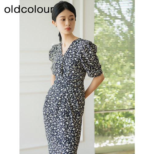 oldcolour夏季新款优雅气质高腰V领短袖碎花连衣裙女Q281018A1