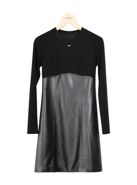 oldcolour冬皮质小黑裙针织拼接PU皮设计感连衣裙女P431002A1-699