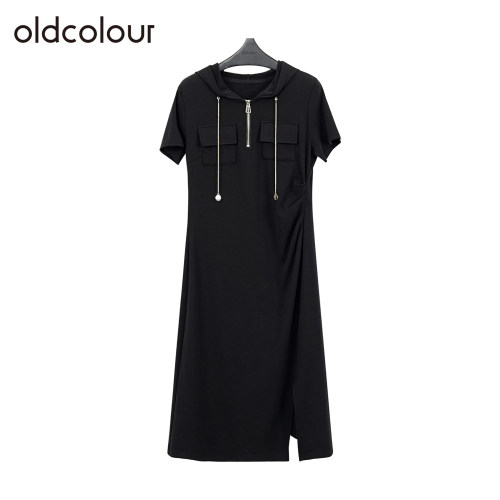 oldcolour欧珂夏季简约时尚通勤纯色开衩连帽短袖连衣裙女Q281003