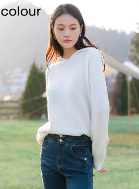 oldcolour春季新款白色简约百搭软糯宽松毛织套头衫女Q110502A1