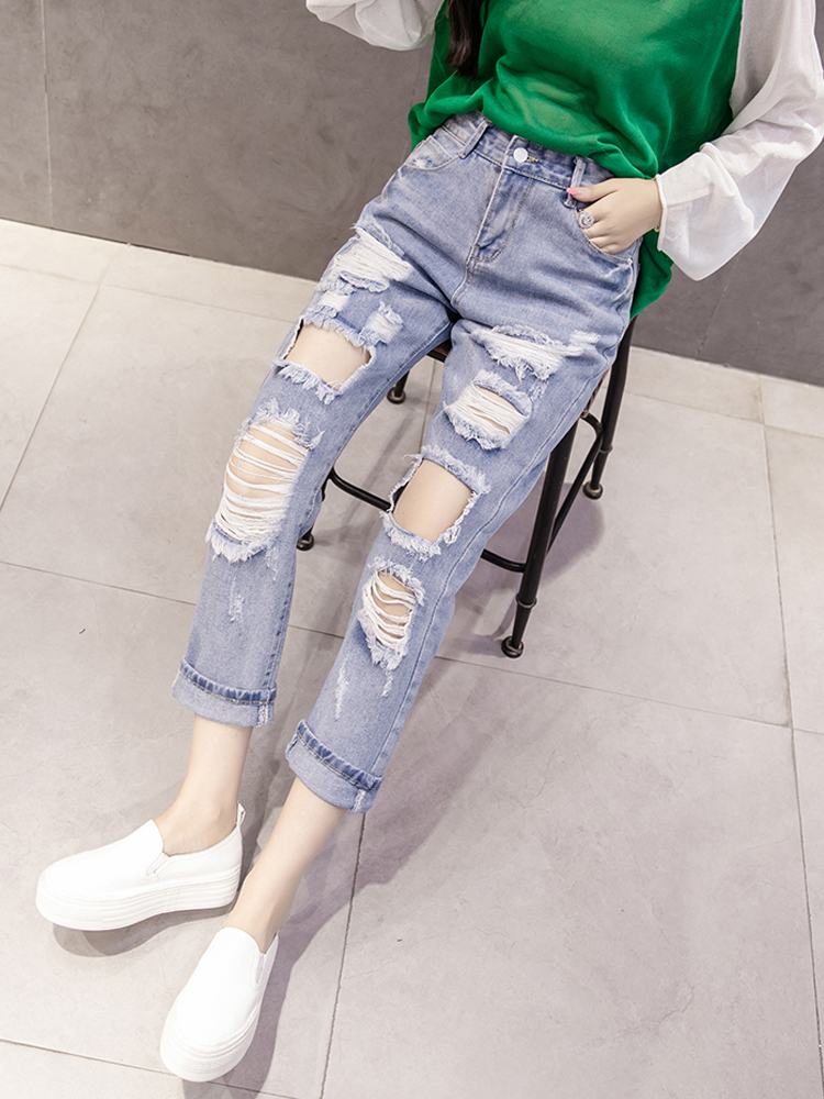 破洞牛仔裤女夏薄款乞丐牛仔裤女2025小个子九分裤牛仔哈伦裤女春