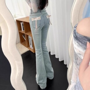 浅蓝色蝴蝶结微喇牛仔裤女2025年春夏大码新款高腰修身显瘦喇叭裤