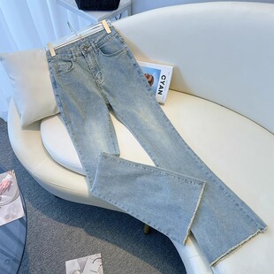 浅色毛边微喇牛仔裤女夏季薄款2025新款小个子修身弹力高腰喇叭裤