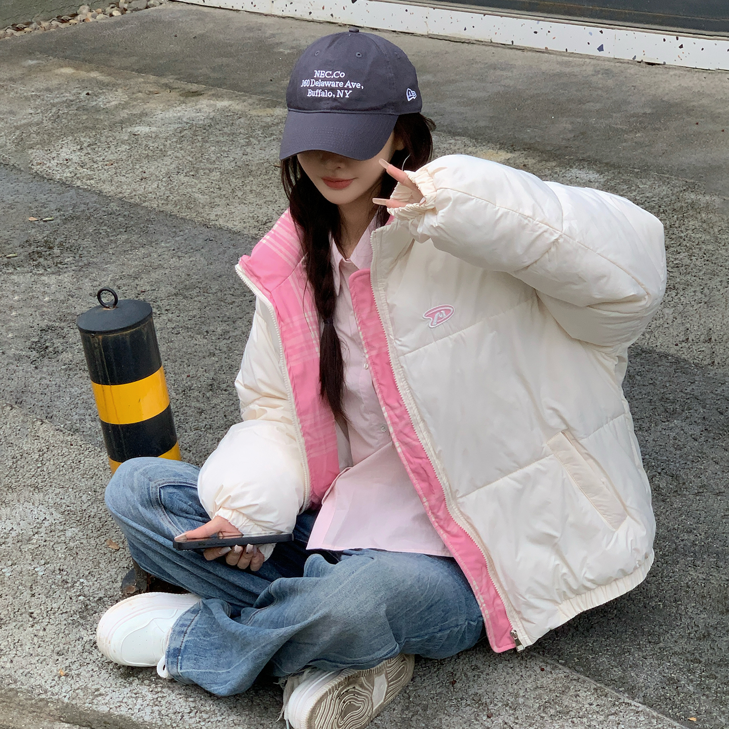 实拍2025冬季新款韩系甜美拼接棉服学院风宽松保暖面包服棉衣外套