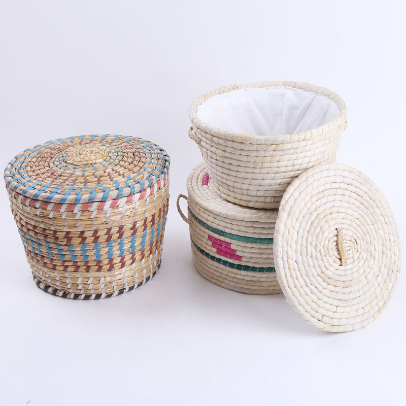 草编馒头筐家用藤编收纳筐加盖天然玉米皮带盖筐子保温食品米饼筐