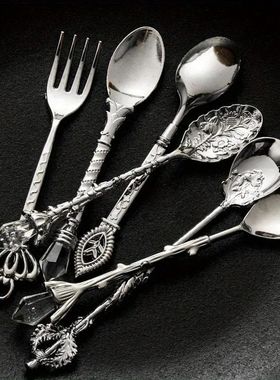 6pcs Vintage Spoons Fork Royal Style Gold Carved Coffee Tea