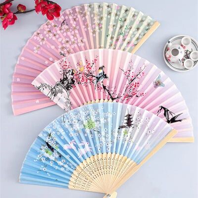 Vintage Silk Folding Hand Fan Chinese Bamboo Fans Craft Gift